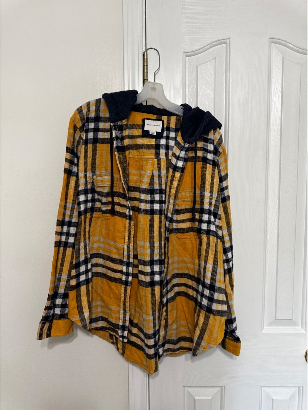 American Eagle Women’s Large Plaid Hooded Flannel Shirt Jacket Mustard Yellow